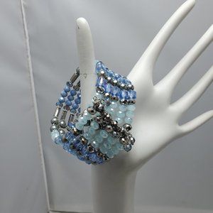 Ali Khan 5 row glass pearl Blue beaded wired wrap opened bracelet